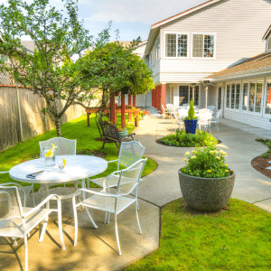 outdoor patio with tables and chairs surrounded by greenery