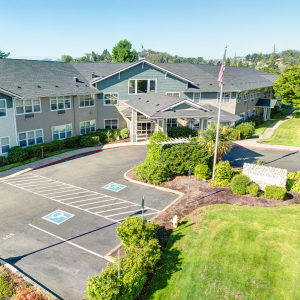 A bird's eye view of the welcoming entrance to a residential care facility.