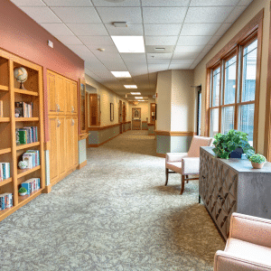 hallway with bookshelf and chair to lounge