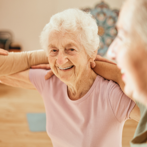 Elderly woman smiling and being active