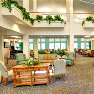 lounging area with chairs and tables