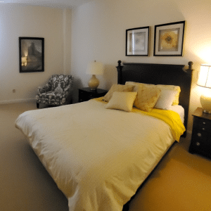 bedroom with bed and pictures above the headboard