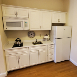 kitchen with cabinets and a refrigerator