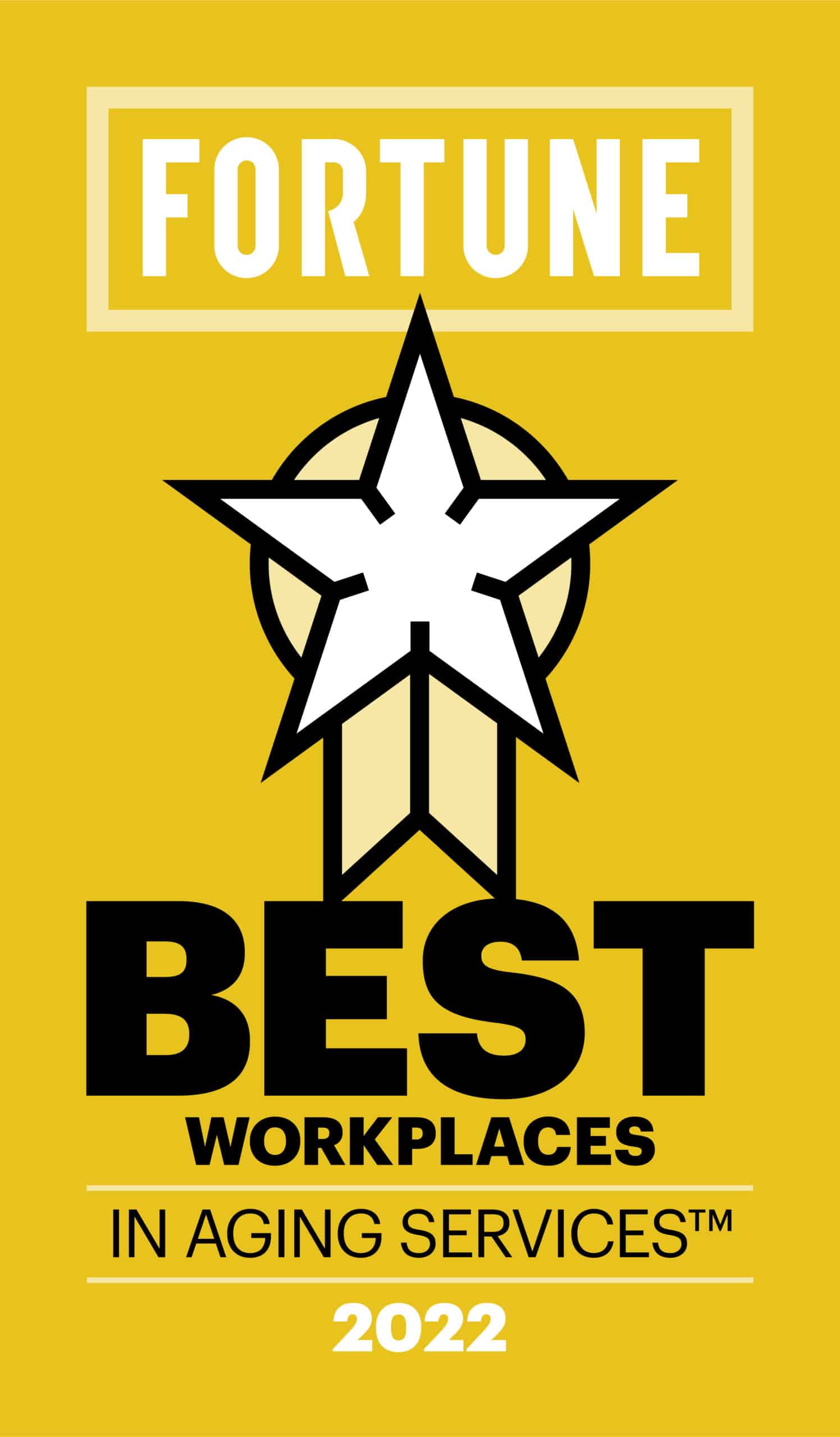 Fortune Best Workplaces in Aging Services 2022 emblem featuring a star and ribbon on a yellow background.