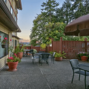 outside patio with tables and chairs