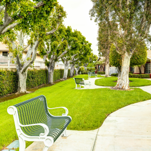 walking paths and benches outside of community