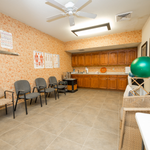 physical therapy room with exercise ball and chairs