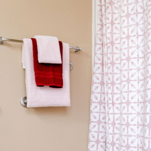 bathroom hand towel and shower curtain