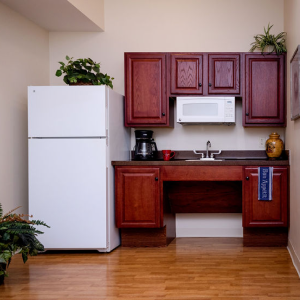 kitchen with refrigerator and cabinets
