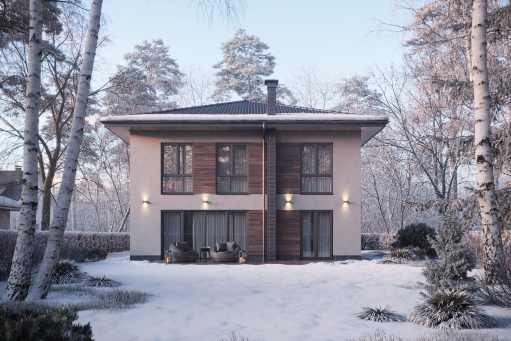house with large garden and snow covered lawn in 3d rendering. Bungalow surrounded by trees on a winter day.