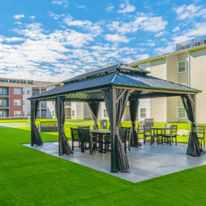 Outdoor gazebo with lounging chairs