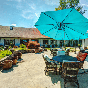 Outdoor patio with table and chairs