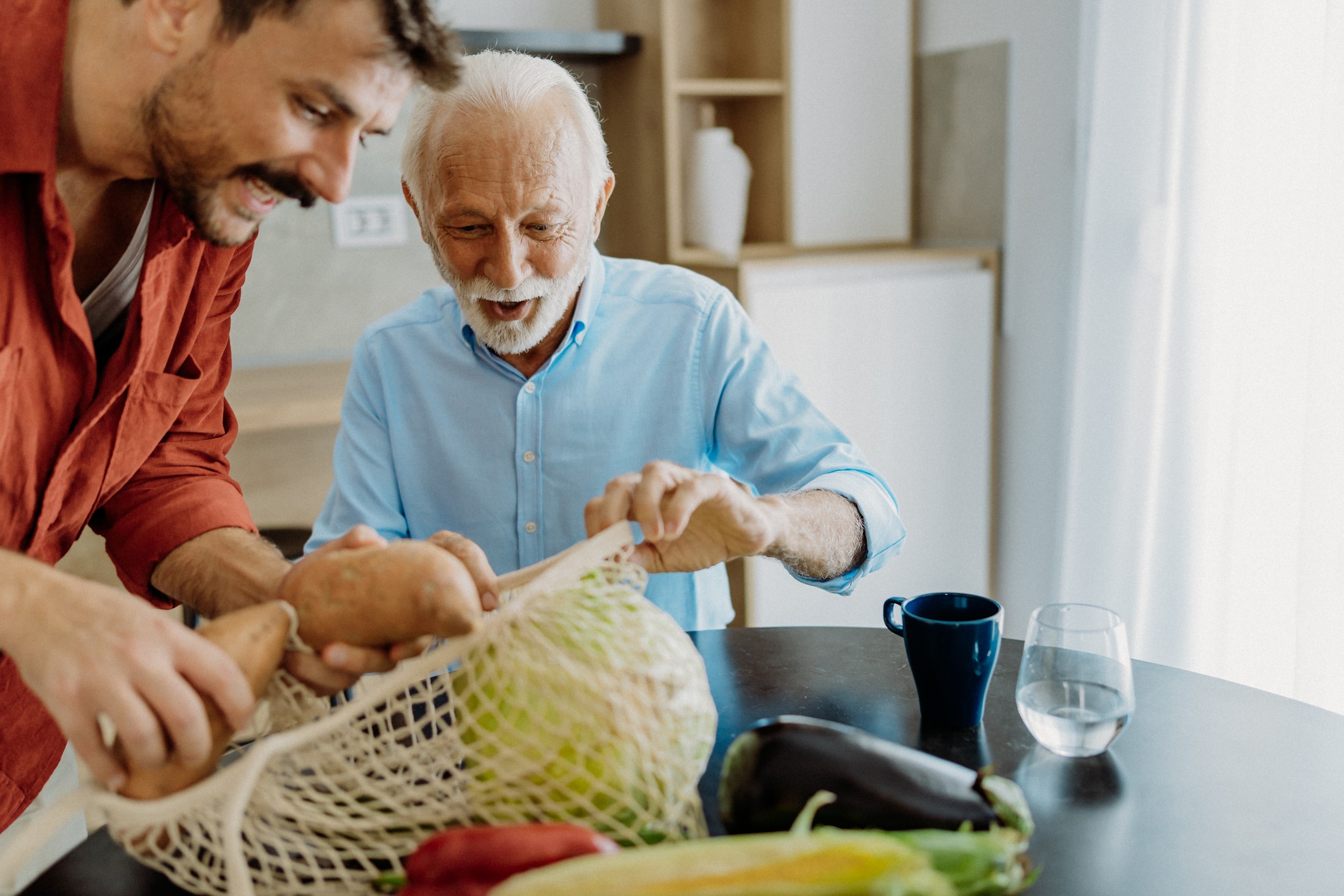 Son bringing groceries to his father